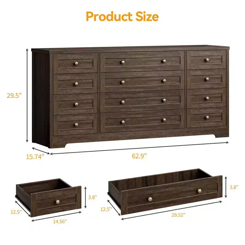 Commode 12 tiroirs en bois pour chambre à coucher, meuble TV large et moderne pour téléviseur 65 pouces, commode en bois, rangement de vêtements style ferme pour salon