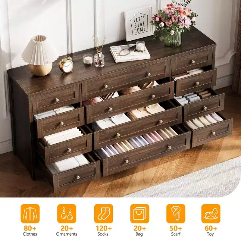 Commode 12 tiroirs en bois pour chambre à coucher, meuble TV large et moderne pour téléviseur 65 pouces, commode en bois, rangement de vêtements style ferme pour salon