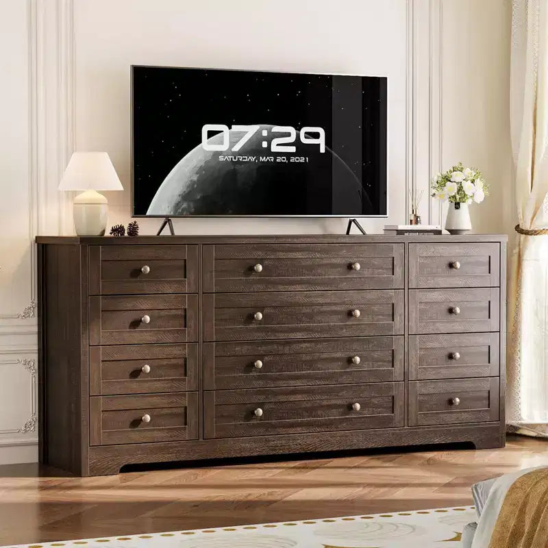 Commode 12 tiroirs en bois pour chambre à coucher, meuble TV large et moderne pour téléviseur 65 pouces, commode en bois, rangement de vêtements style ferme pour salon