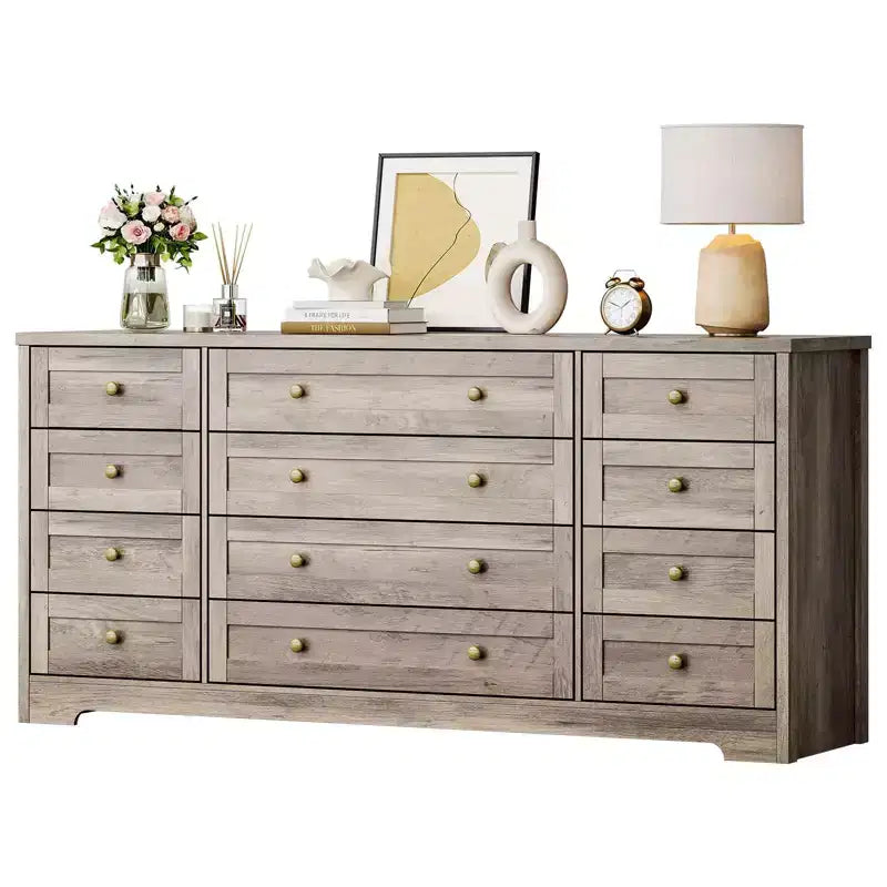 Commode 12 tiroirs en bois pour chambre à coucher, meuble TV large et moderne pour téléviseur 65 pouces, commode en bois, rangement de vêtements style ferme pour salon
