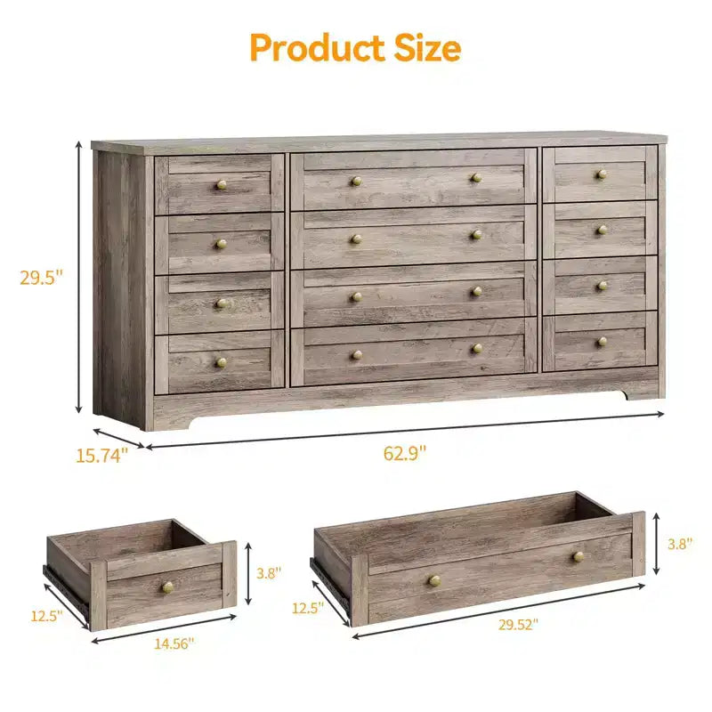 Commode 12 tiroirs en bois pour chambre à coucher, meuble TV large et moderne pour téléviseur 65 pouces, commode en bois, rangement de vêtements style ferme pour salon