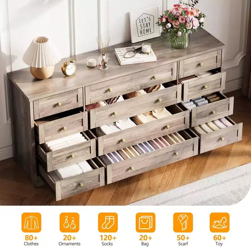 Commode 12 tiroirs en bois pour chambre à coucher, meuble TV large et moderne pour téléviseur 65 pouces, commode en bois, rangement de vêtements style ferme pour salon