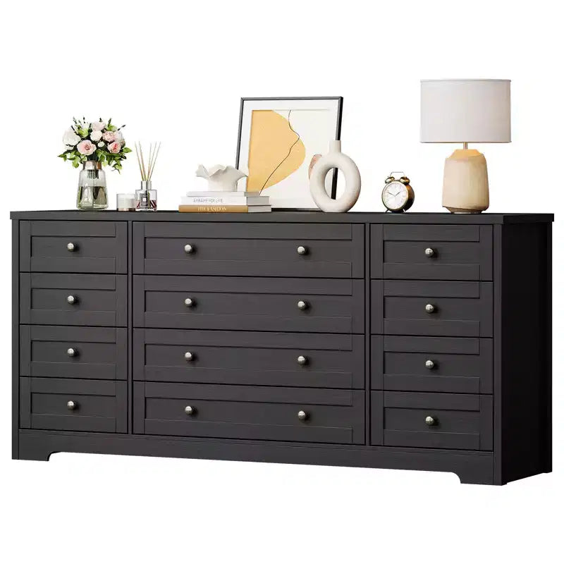 Commode 12 tiroirs en bois pour chambre à coucher, meuble TV large et moderne pour téléviseur 65 pouces, commode en bois, rangement de vêtements style ferme pour salon