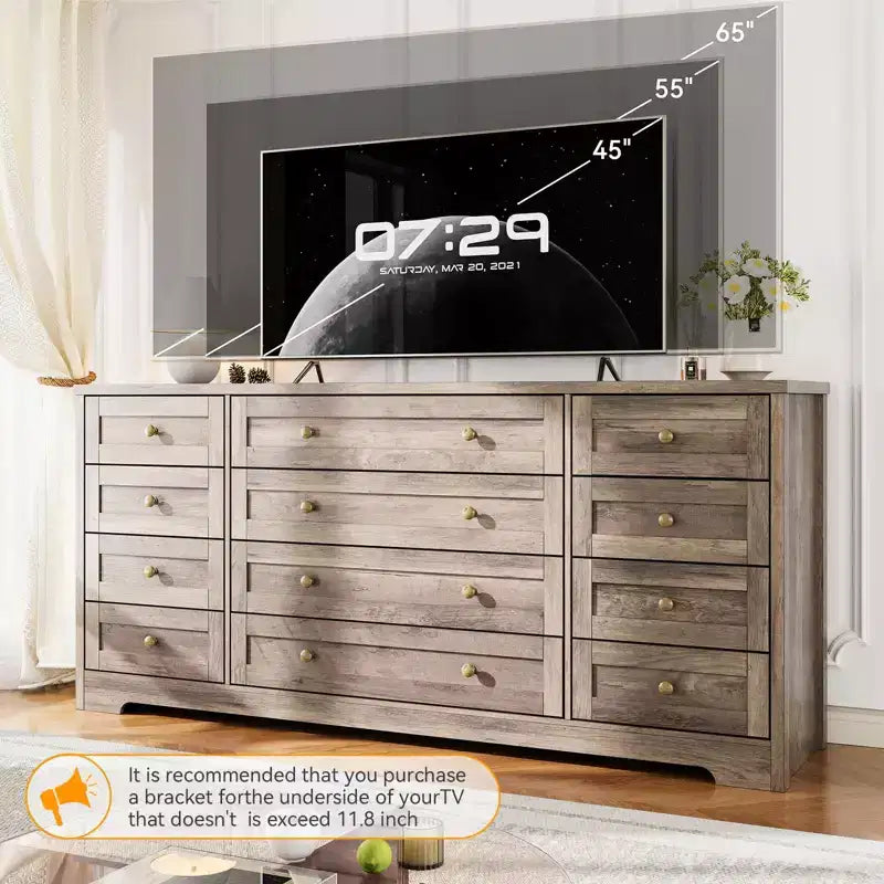 Commode 12 tiroirs en bois pour chambre à coucher, meuble TV large et moderne pour téléviseur 65 pouces, commode en bois, rangement de vêtements style ferme pour salon