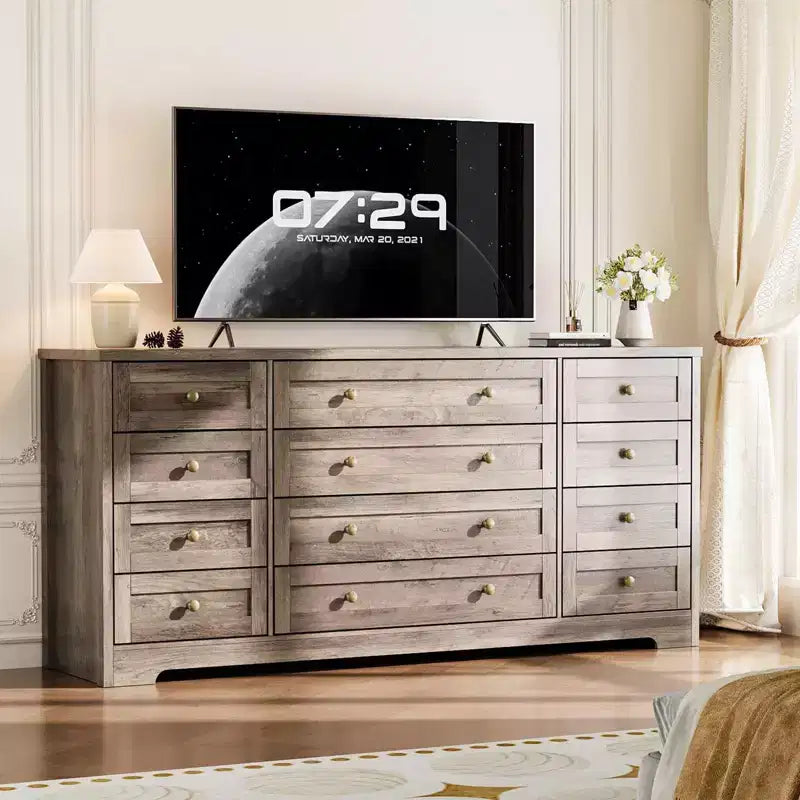 Commode 12 tiroirs en bois pour chambre à coucher, meuble TV large et moderne pour téléviseur 65 pouces, commode en bois, rangement de vêtements style ferme pour salon