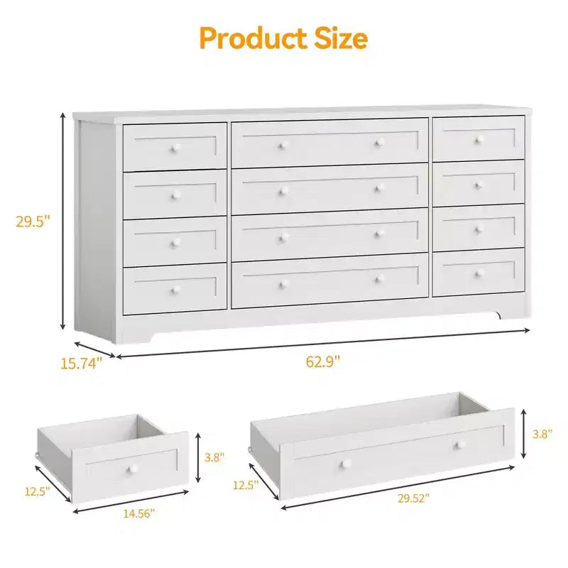 Commode 12 tiroirs en bois pour chambre à coucher, meuble TV large et moderne pour téléviseur 65 pouces, commode en bois, rangement de vêtements style ferme pour salon