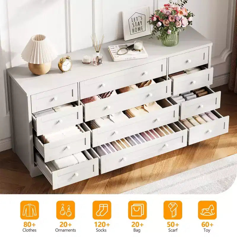 Commode 12 tiroirs en bois pour chambre à coucher, meuble TV large et moderne pour téléviseur 65 pouces, commode en bois, rangement de vêtements style ferme pour salon