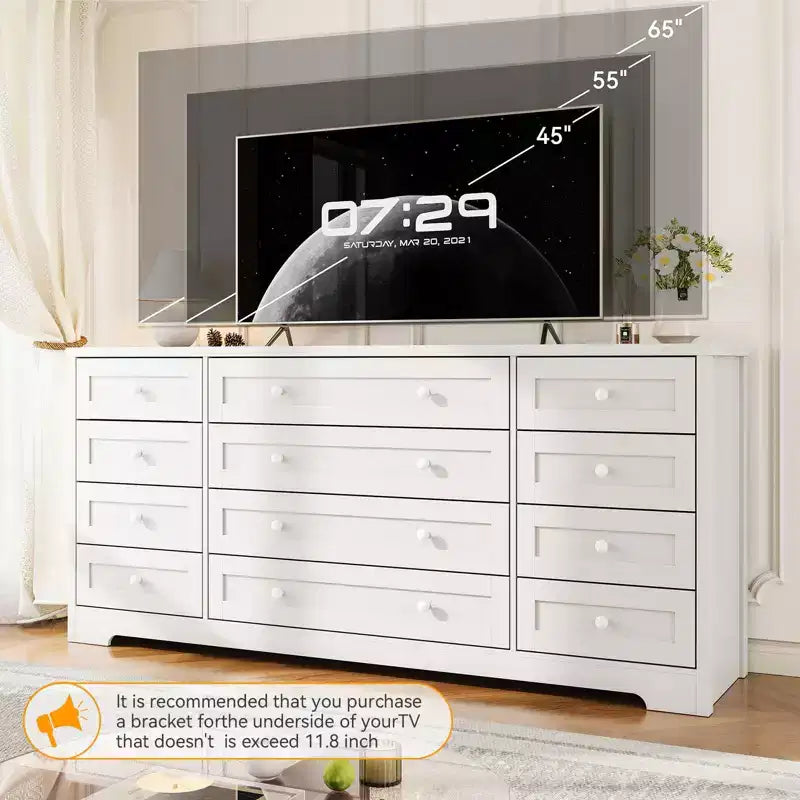 Commode 12 tiroirs en bois pour chambre à coucher, meuble TV large et moderne pour téléviseur 65 pouces, commode en bois, rangement de vêtements style ferme pour salon
