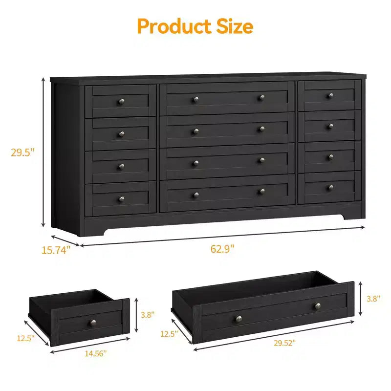 Commode 12 tiroirs en bois pour chambre à coucher, meuble TV large et moderne pour téléviseur 65 pouces, commode en bois, rangement de vêtements style ferme pour salon