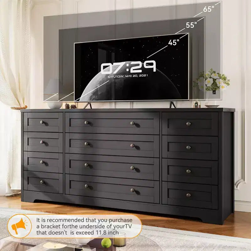 Commode 12 tiroirs en bois pour chambre à coucher, meuble TV large et moderne pour téléviseur 65 pouces, commode en bois, rangement de vêtements style ferme pour salon