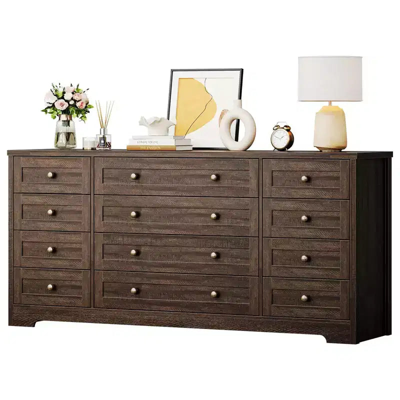 Commode 12 tiroirs en bois pour chambre à coucher, meuble TV large et moderne pour téléviseur 65 pouces, commode en bois, rangement de vêtements style ferme pour salon