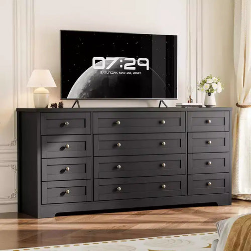 12 Drawers Dresser for Bedroom Wooden, Modern Wide TV Stand Dressers for 65 Inch TV, Wood Chest of Drawers, Farmhouse Clothes Storage for Living Room