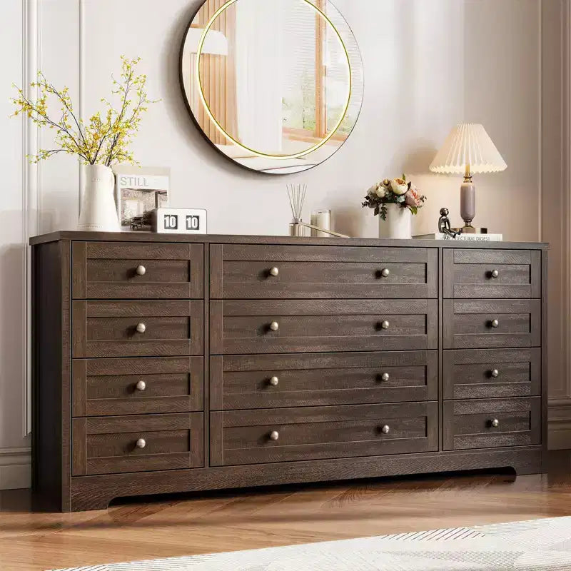 Comò a 12 cassetti per camera da letto in legno, moderno, ampio mobile TV per TV da 65 pollici, cassettiera in legno, contenitore per vestiti in stile rustico per soggiorno