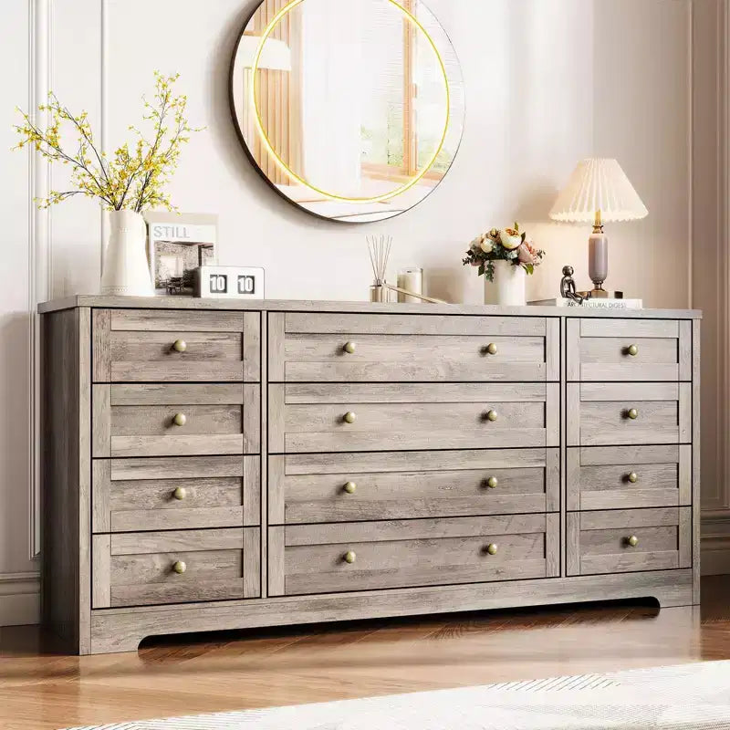 Comò a 12 cassetti per camera da letto in legno, moderno, ampio mobile TV per TV da 65 pollici, cassettiera in legno, contenitore per vestiti in stile rustico per soggiorno