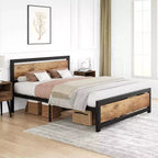 Struttura letto, struttura letto matrimoniale a piattaforma industriale con doghe in acciaio resistente, nessun sommier necessario, facile da montare, marrone rustico
