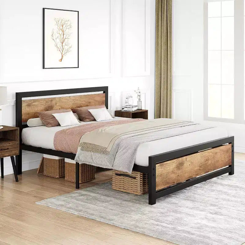 Struttura letto, struttura letto matrimoniale a piattaforma industriale con doghe in acciaio resistente, nessun sommier necessario, facile da montare, marrone rustico