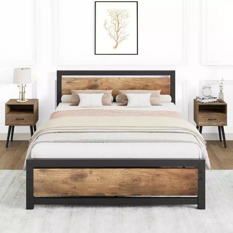 Struttura letto, struttura letto matrimoniale a piattaforma industriale con doghe in acciaio resistente, nessun sommier necessario, facile da montare, marrone rustico