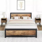 Struttura letto, struttura letto matrimoniale a piattaforma industriale con doghe in acciaio resistente, nessun sommier necessario, facile da montare, marrone rustico