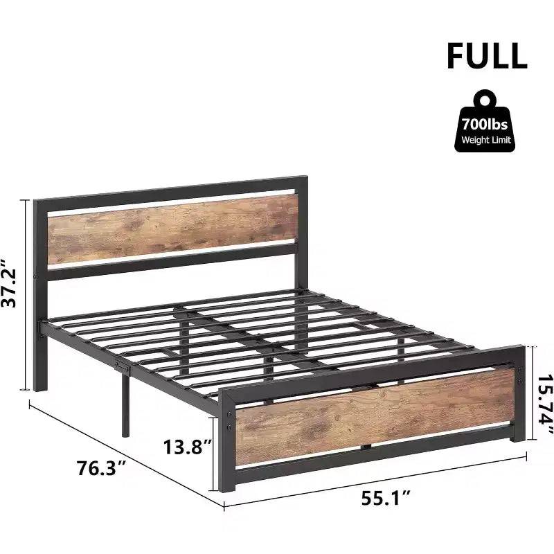 Struttura letto, struttura letto matrimoniale a piattaforma industriale con doghe in acciaio resistente, nessun sommier necessario, facile da montare, marrone rustico
