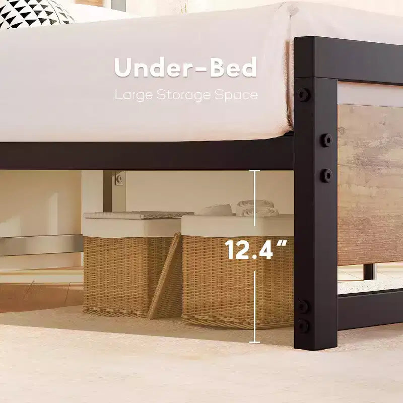 Struttura letto, struttura letto matrimoniale a piattaforma industriale con doghe in acciaio resistente, nessun sommier necessario, facile da montare, marrone rustico