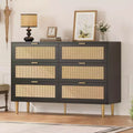 Natural Rattan 6-Drawer Dresser with Gold Legs & Handles, Wide Storage Chest for Bedroom or Living Room, Anti-Tip Design & Large Top Surface