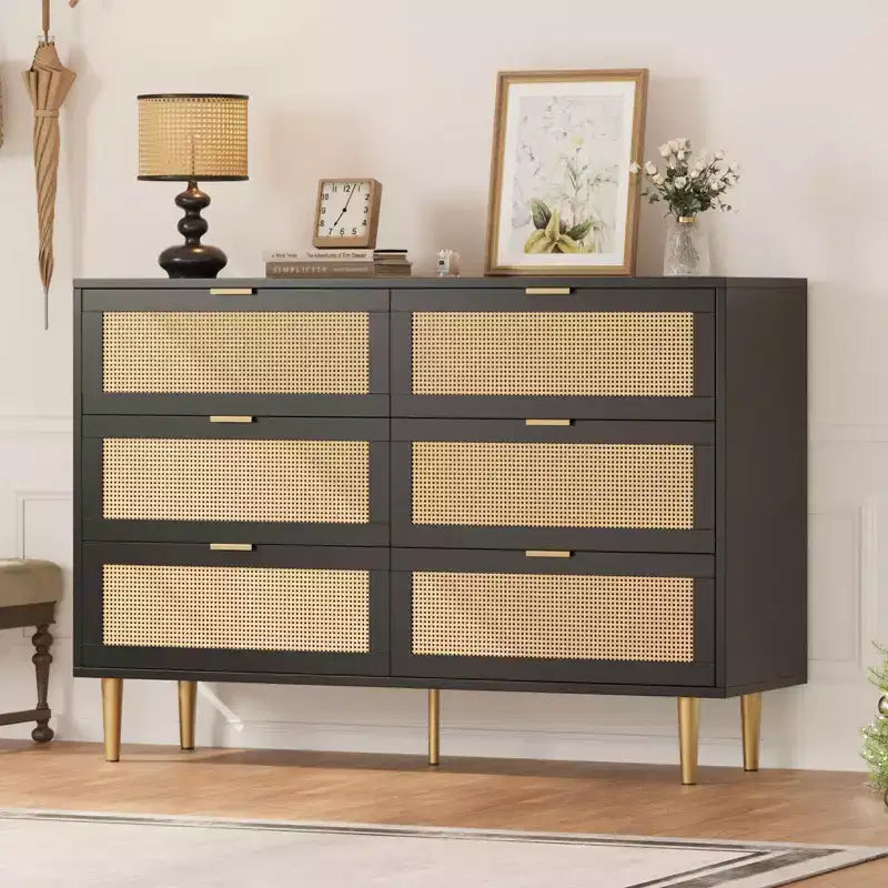 Natural Rattan 6-Drawer Dresser with Gold Legs & Handles, Wide Storage Chest for Bedroom or Living Room, Anti-Tip Design & Large Top Surface