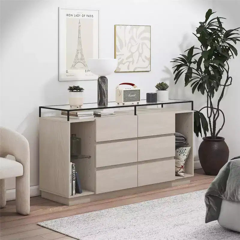 Cassettiera a 6 cassetti RealRooms Devon con luci a LED e piano in vetro