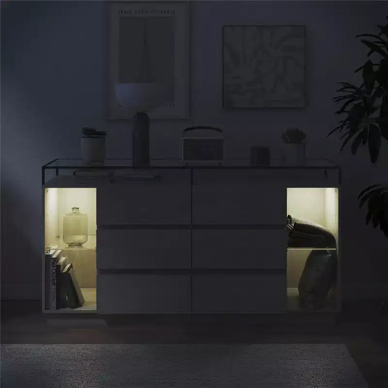 Cassettiera a 6 cassetti RealRooms Devon con luci a LED e piano in vetro