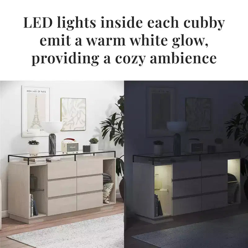 Cassettiera a 6 cassetti RealRooms Devon con luci a LED e piano in vetro