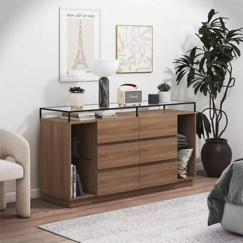 Cassettiera a 6 cassetti RealRooms Devon con luci a LED e piano in vetro