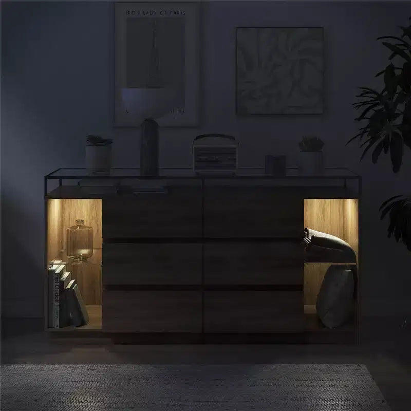 Cassettiera a 6 cassetti RealRooms Devon con luci a LED e piano in vetro
