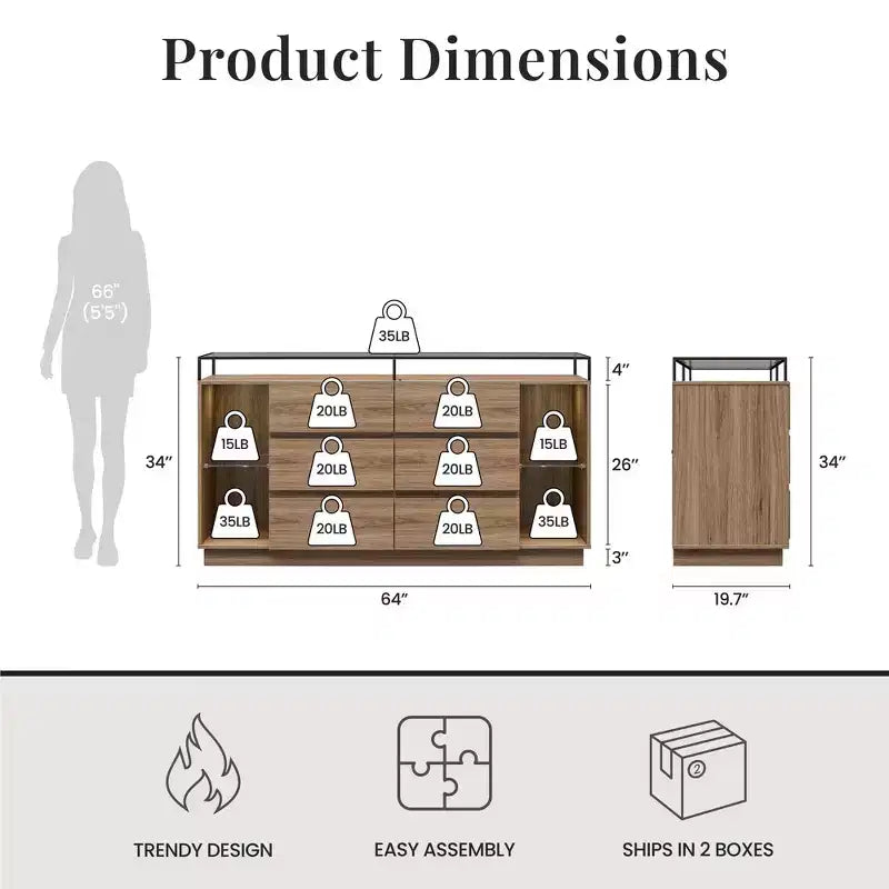 Cassettiera a 6 cassetti RealRooms Devon con luci a LED e piano in vetro