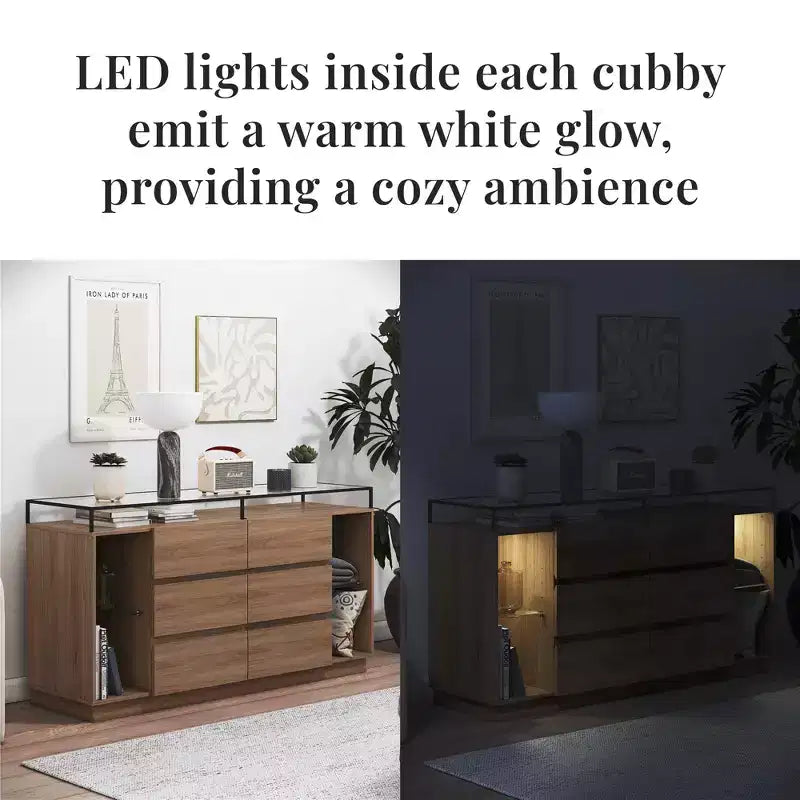 Cassettiera a 6 cassetti RealRooms Devon con luci a LED e piano in vetro