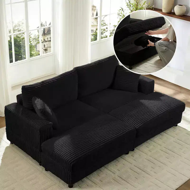 Mjkone Chaise Longue 2 Posti in Velluto a Coste con Pouf Contenitore e Bracciolo, Divanetto Imbottito Trasformabile Letto da Interno