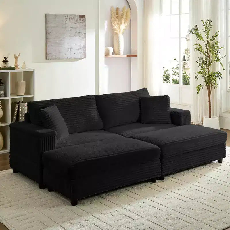 Mjkone Chaise Longue 2 Posti in Velluto a Coste con Pouf Contenitore e Bracciolo, Divanetto Imbottito Trasformabile Letto da Interno