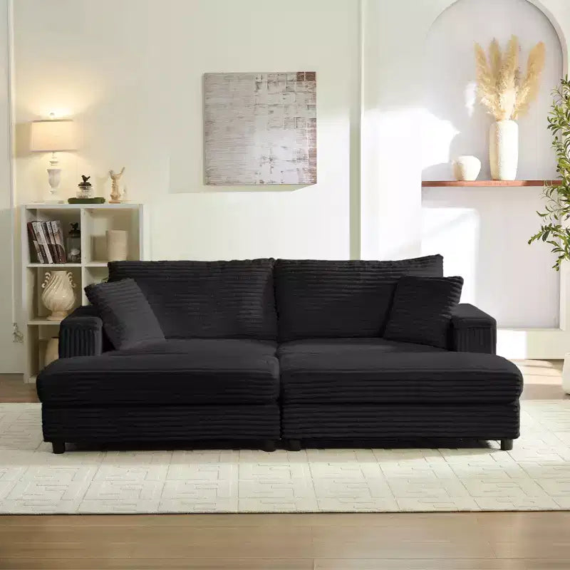 Mjkone Chaise Longue 2 Posti in Velluto a Coste con Pouf Contenitore e Bracciolo, Divanetto Imbottito Trasformabile Letto da Interno