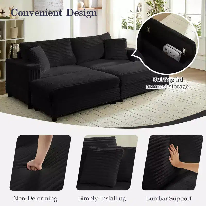 Mjkone Chaise Longue 2 Posti in Velluto a Coste con Pouf Contenitore e Bracciolo, Divanetto Imbottito Trasformabile Letto da Interno
