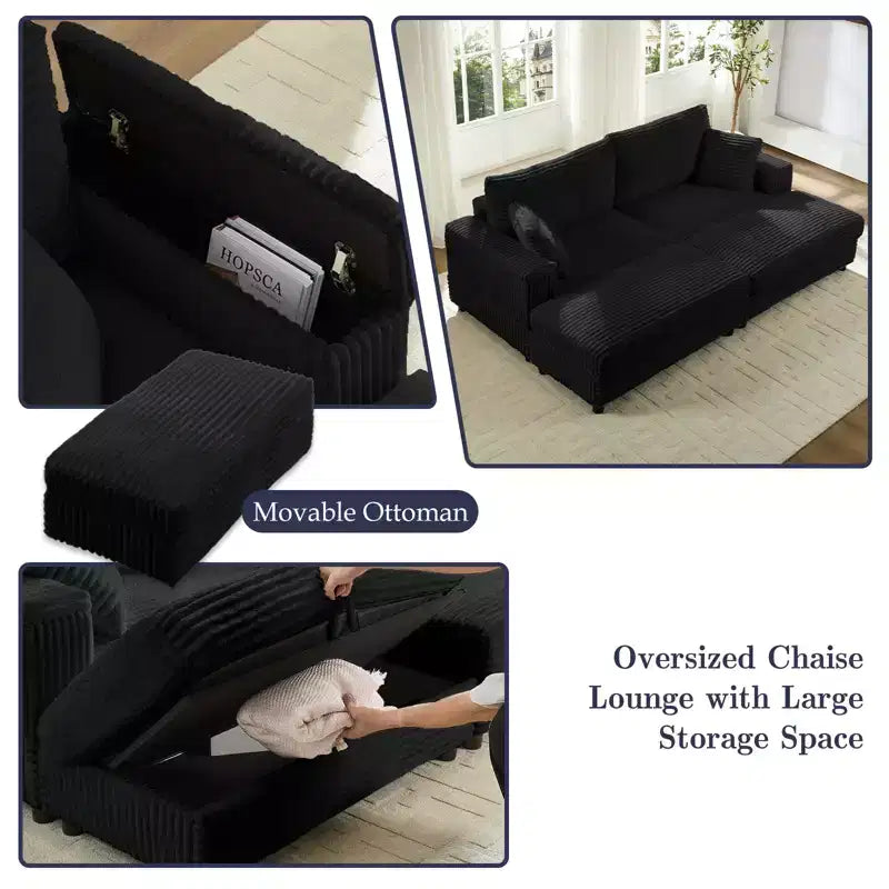 Mjkone Chaise Longue 2 Posti in Velluto a Coste con Pouf Contenitore e Bracciolo, Divanetto Imbottito Trasformabile Letto da Interno