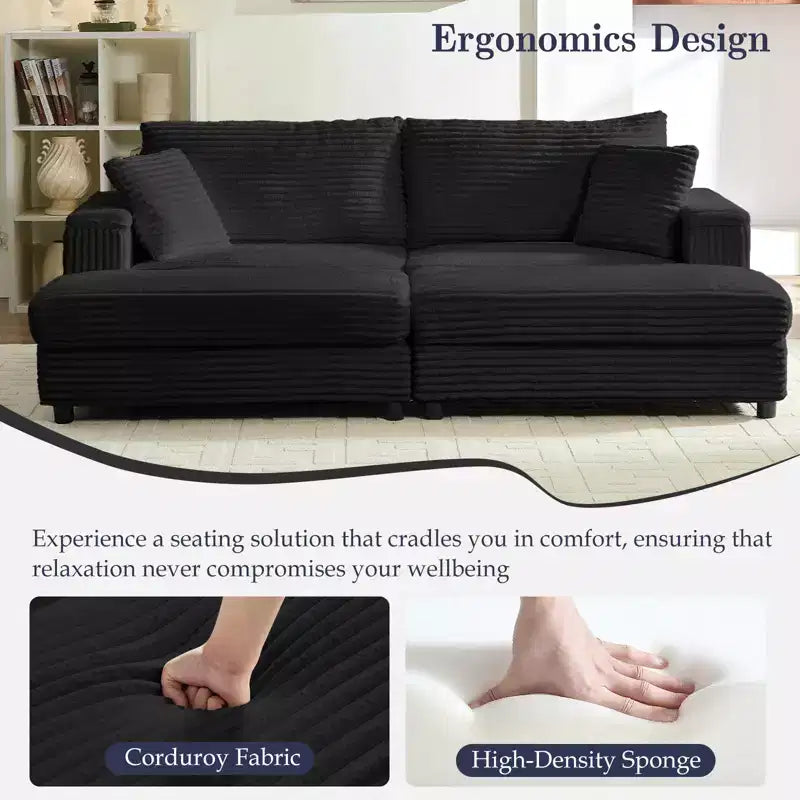 Mjkone Chaise Longue 2 Posti in Velluto a Coste con Pouf Contenitore e Bracciolo, Divanetto Imbottito Trasformabile Letto da Interno