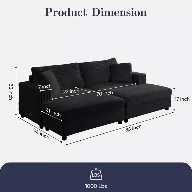 Mjkone Chaise Longue 2 Posti in Velluto a Coste con Pouf Contenitore e Bracciolo, Divanetto Imbottito Trasformabile Letto da Interno