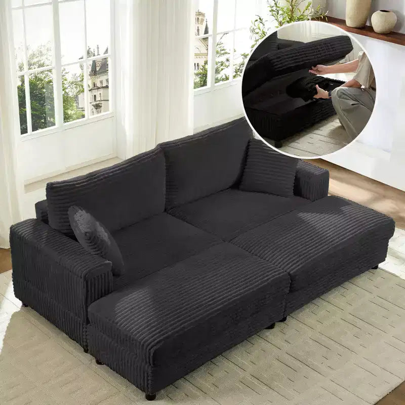 Mjkone Chaise Longue 2 Posti in Velluto a Coste con Pouf Contenitore e Bracciolo, Divanetto Imbottito Trasformabile Letto da Interno