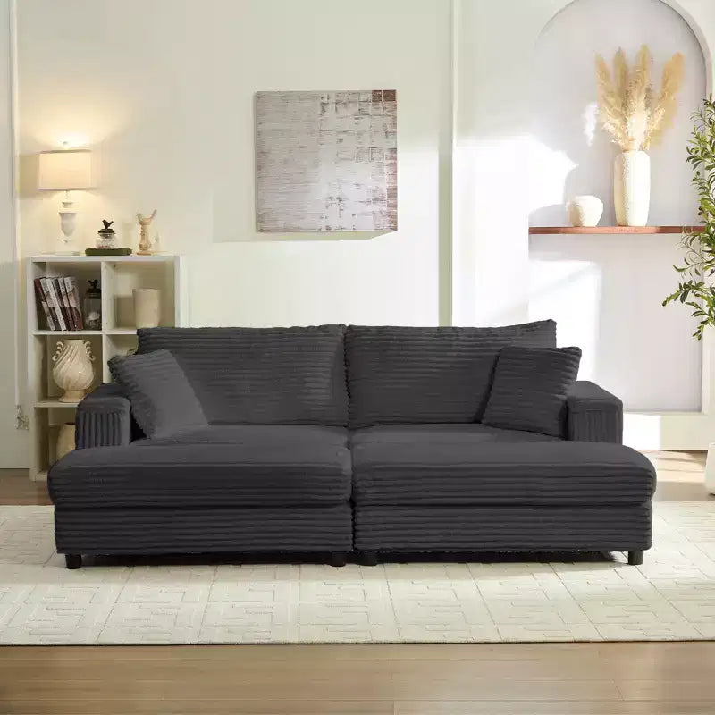 Mjkone Chaise Longue 2 Posti in Velluto a Coste con Pouf Contenitore e Bracciolo, Divanetto Imbottito Trasformabile Letto da Interno