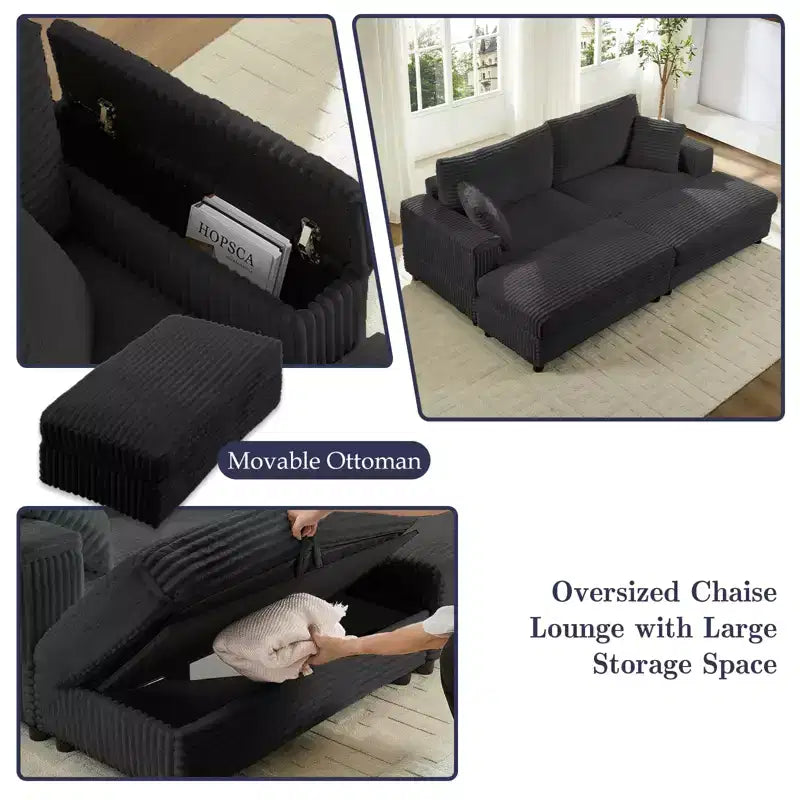 Mjkone Chaise Longue 2 Posti in Velluto a Coste con Pouf Contenitore e Bracciolo, Divanetto Imbottito Trasformabile Letto da Interno