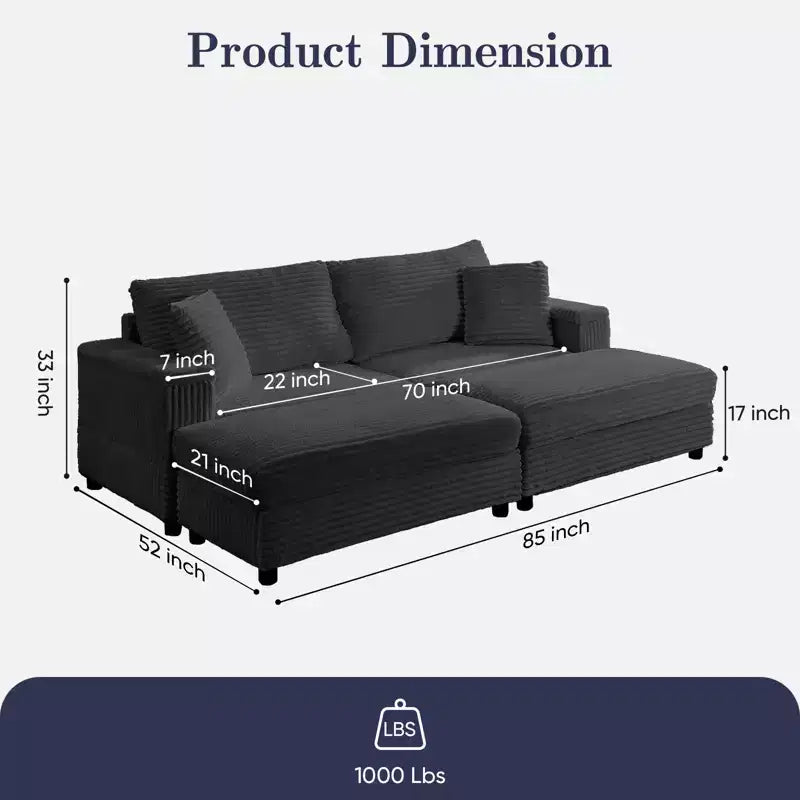 Mjkone Chaise Longue 2 Posti in Velluto a Coste con Pouf Contenitore e Bracciolo, Divanetto Imbottito Trasformabile Letto da Interno