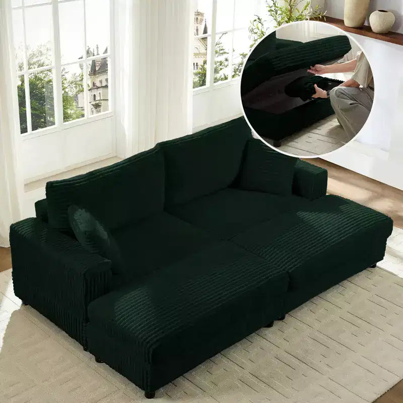 Mjkone Chaise Longue 2 Posti in Velluto a Coste con Pouf Contenitore e Bracciolo, Divanetto Imbottito Trasformabile Letto da Interno