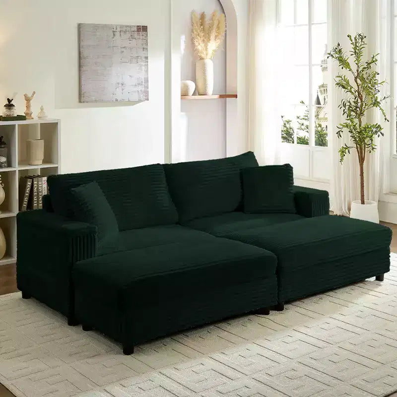 Mjkone Chaise Longue 2 Posti in Velluto a Coste con Pouf Contenitore e Bracciolo, Divanetto Imbottito Trasformabile Letto da Interno