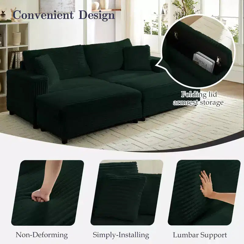 Mjkone Chaise Longue 2 Posti in Velluto a Coste con Pouf Contenitore e Bracciolo, Divanetto Imbottito Trasformabile Letto da Interno
