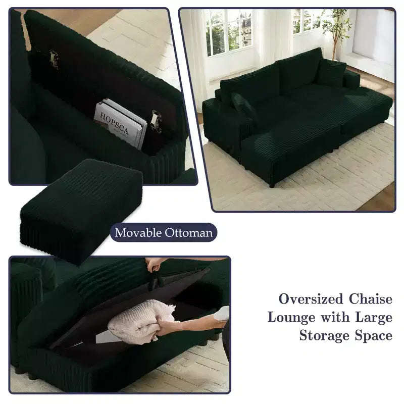 Mjkone Chaise Longue 2 Posti in Velluto a Coste con Pouf Contenitore e Bracciolo, Divanetto Imbottito Trasformabile Letto da Interno