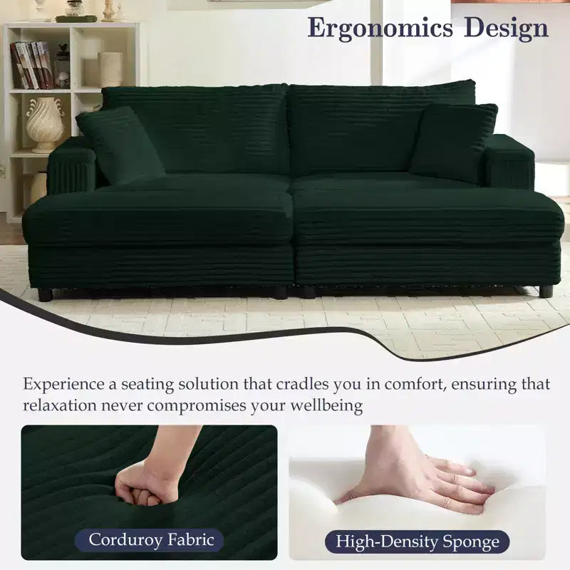 Mjkone Chaise Longue 2 Posti in Velluto a Coste con Pouf Contenitore e Bracciolo, Divanetto Imbottito Trasformabile Letto da Interno
