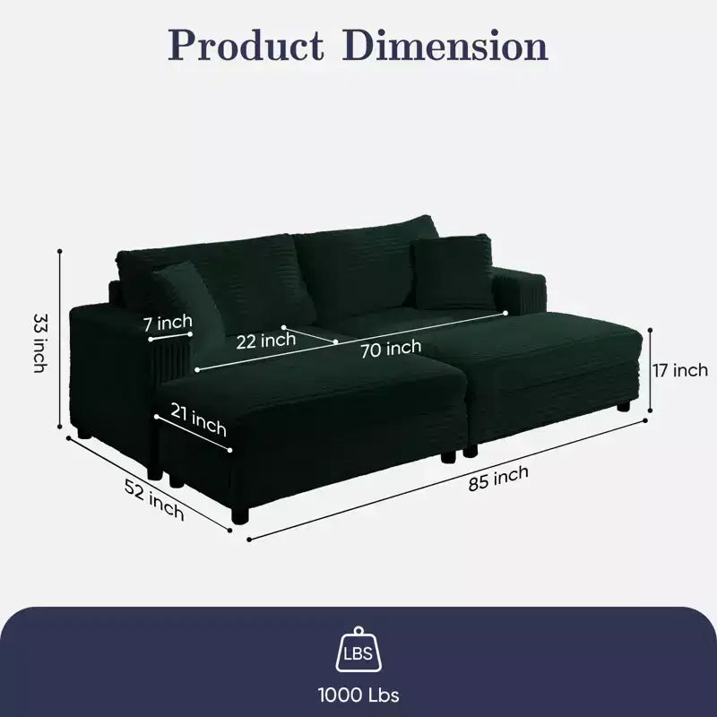 Mjkone Chaise Longue 2 Posti in Velluto a Coste con Pouf Contenitore e Bracciolo, Divanetto Imbottito Trasformabile Letto da Interno